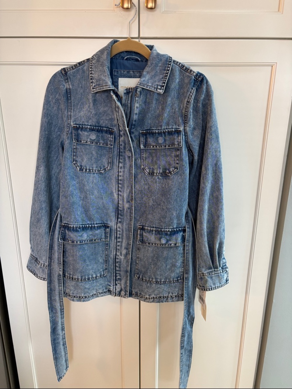 NWT Madden Girl Washed Blue Denim Below the Hip Jacket with Tie Belt Size XS